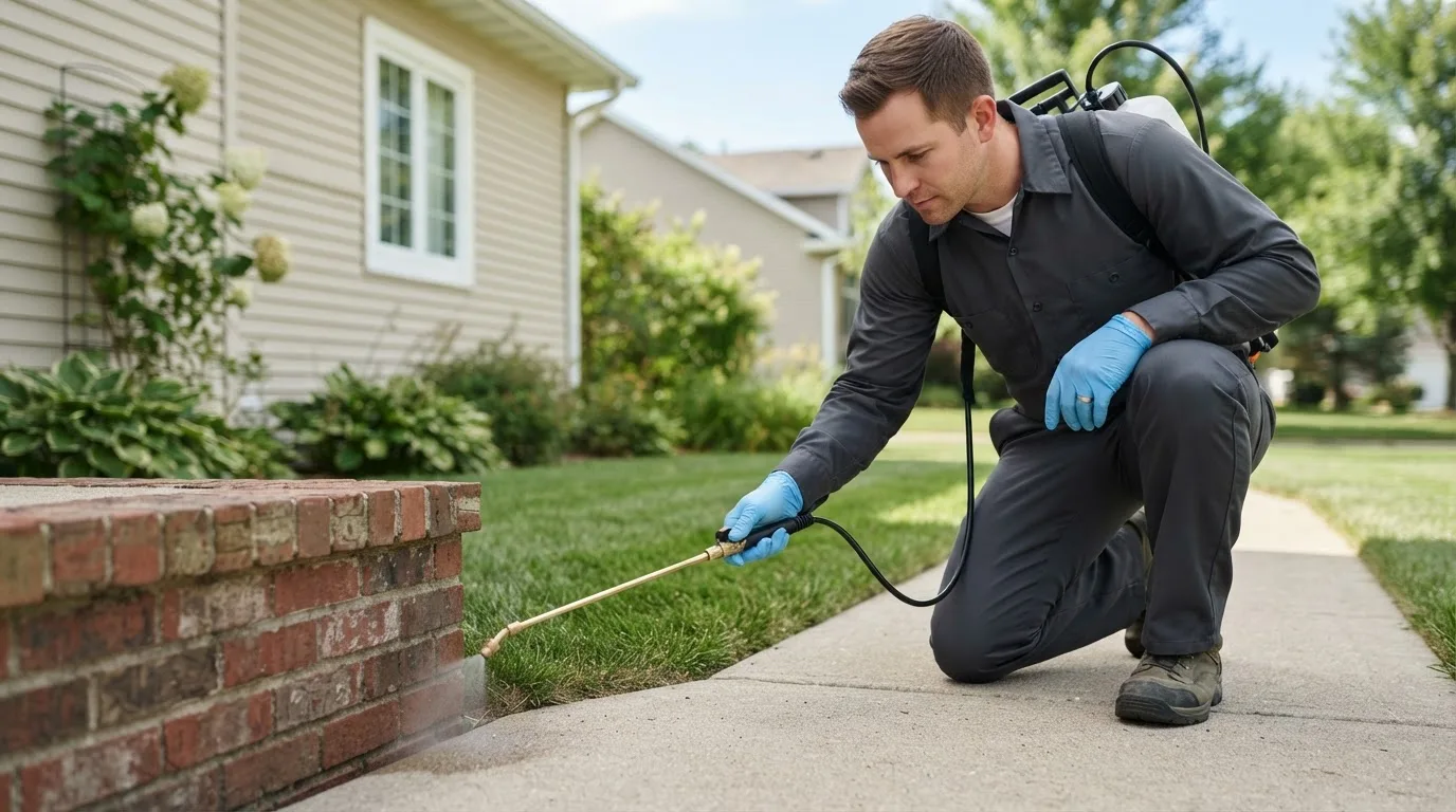Pest control technician treating a home near Brownsville, IN